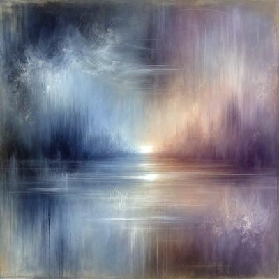 The primary subject of the image is a beautiful sunset over a body of water. The setting is a serene beach or lake, with the sun peeking over the horizon. The visual style is a combination of a painting and a photograph, creating a unique and artistic representation of the scene. The colors and mood are warm and inviting, with the sunset casting a warm glow over the water and the surrounding landscape.